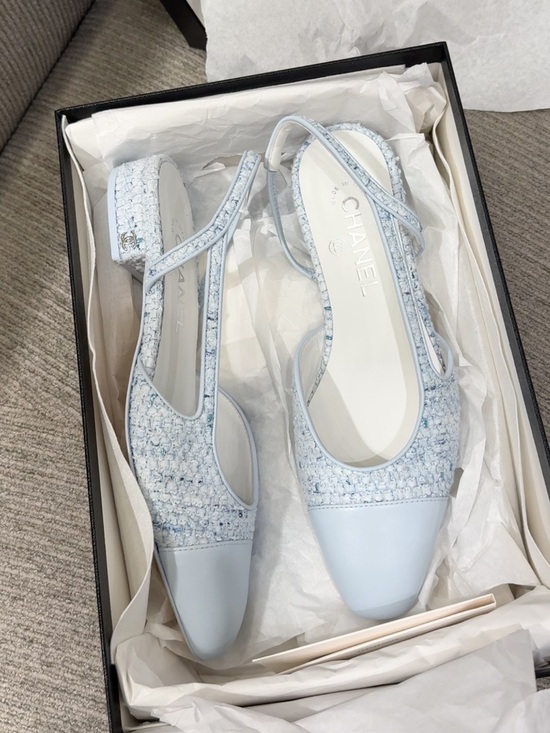 CHANEL Shoes - CHANEL Light Blue Tweed Slingback Flats with Leather Cap Toe
